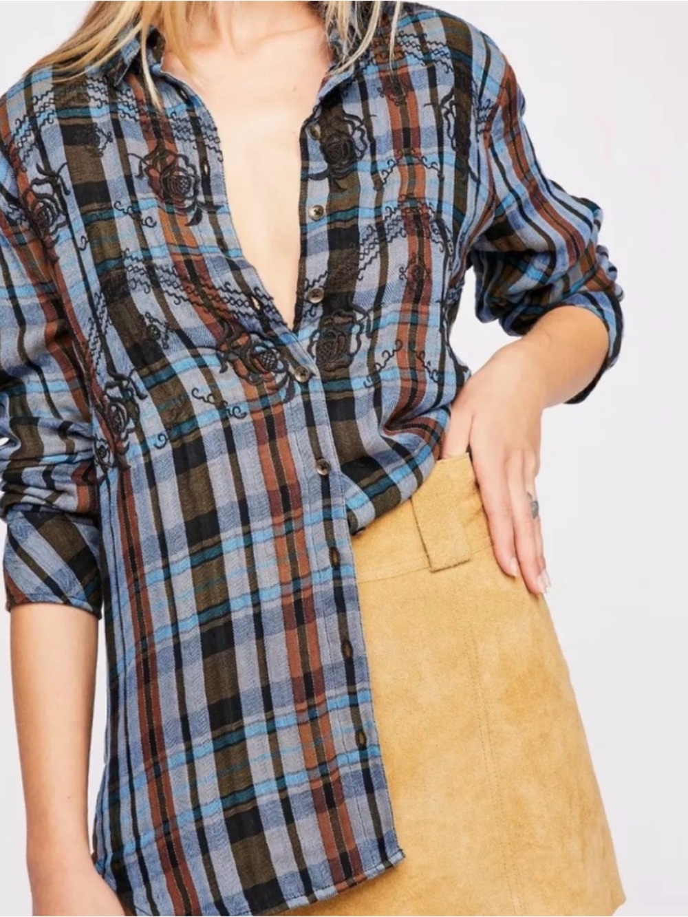 Free People Magical Plaid Embroidered Oversized Button Down XS